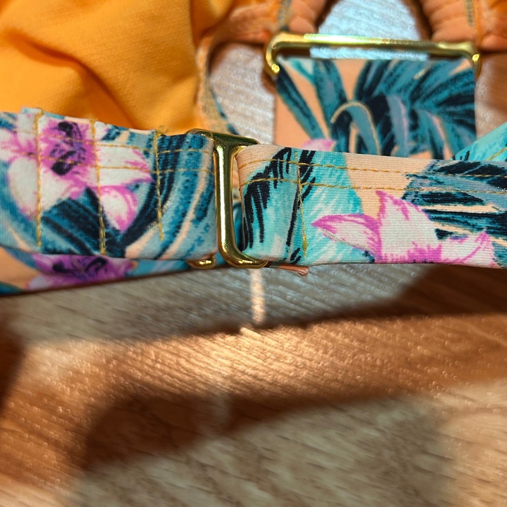 Ambrielle Tropical Floral Bikini Top Peach Teal Gold Ring Detail Large - Picture 5 of 6